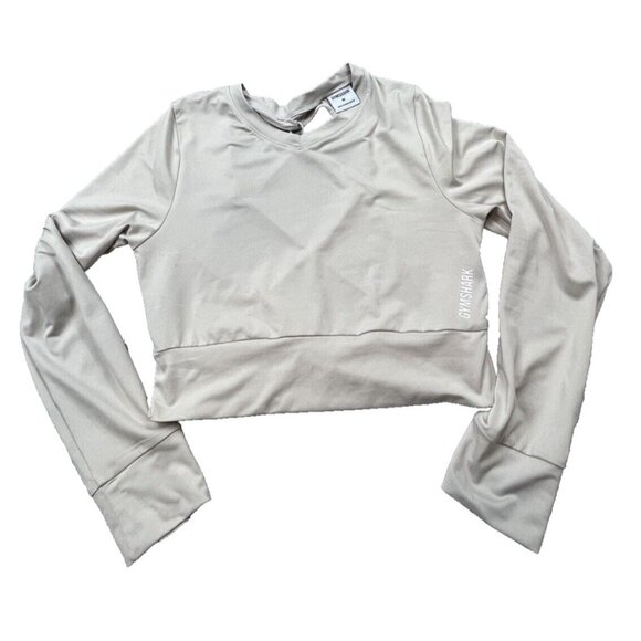 Gymshark Tops - Gymshark Crop Top Womens Medium Ivory Long Sleeve Open Back Thumb Holes Workout